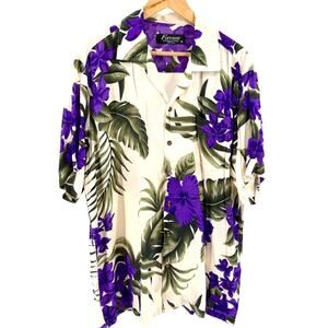 Vintage 90s Favant Purple Cream Tropical Floral Hawaiian Camp Shirt